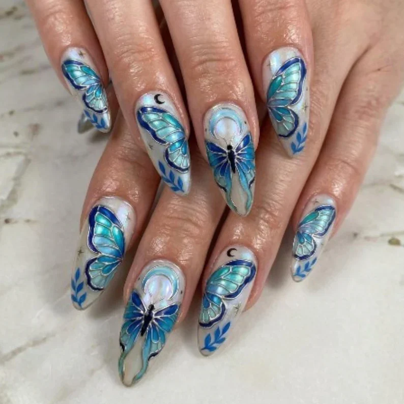 hand-painted teal nails, silver moon nail art, press on nails, custom press on nails, fake nails, Nails Art, stained glass nails, gold press on nails, 3d press on nails, luxury press on nails, handmade press on nails