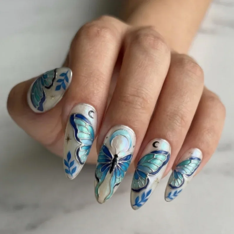 moon themed nails, butterfly nail design, press on nails, custom press on nails, fake nails, Nails Art, stained glass nails, gold press on nails, 3d press on nails, luxury press on nails, handmade press on nails