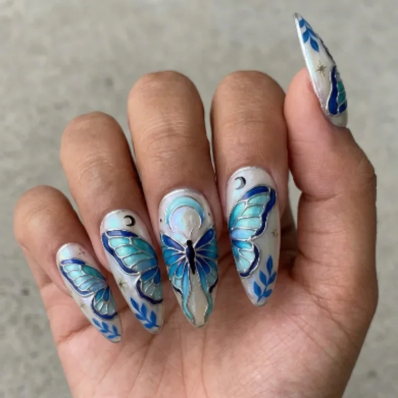 teal and silver nails, press on nail set, press on nails, custom press on nails, fake nails, Nails Art, stained glass nails, gold press on nails, 3d press on nails, luxury press on nails, handmade press on nails