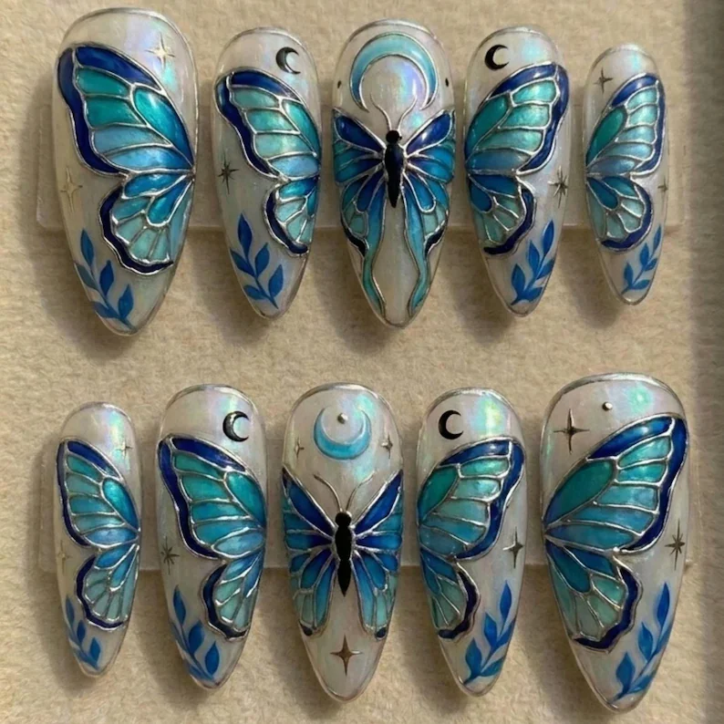 celestial butterfly nails, stained glass press on, press on nails, custom press on nails, fake nails, Nails Art, stained glass nails, gold press on nails, 3d press on nails, luxury press on nails, handmade press on nails
