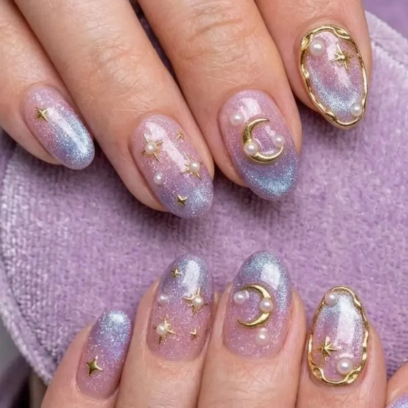 cat eye effect, pink blue nails, press on nails, custom press on nails, fake nails, Nails Art, stained glass nails, gold press on nails, 3d press on nails, luxury press on nails, handmade press on nails