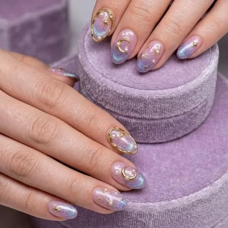 galaxy moon, star pearl, press on nails, custom press on nails, fake nails, Nails Art, stained glass nails, gold press on nails, 3d press on nails, luxury press on nails, handmade press on nails