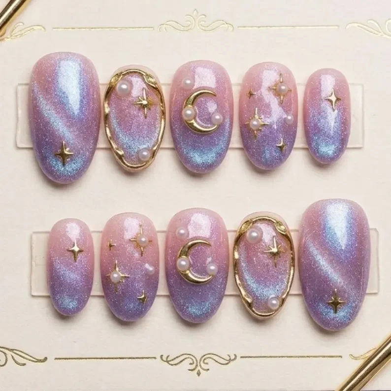 whimsigoth nails, celestial manicure, press on nails, custom press on nails, fake nails, Nails Art, stained glass nails, gold press on nails, 3d press on nails, luxury press on nails, handmade press on nails