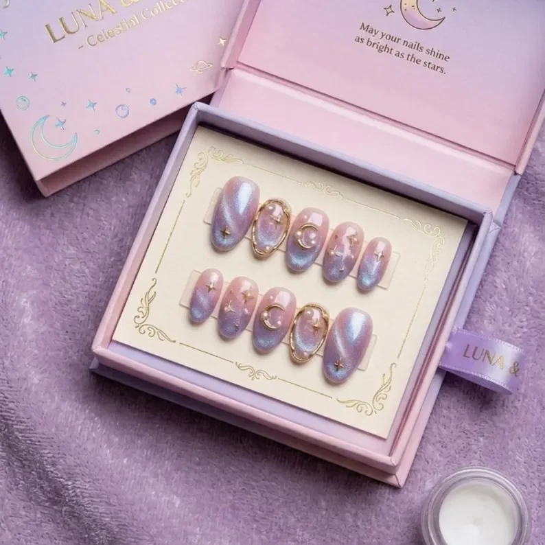 celestial cat nails, press on nails, custom press on nails, fake nails, Nails Art, stained glass nails, gold press on nails, 3d press on nails, luxury press on nails, handmade press on nails