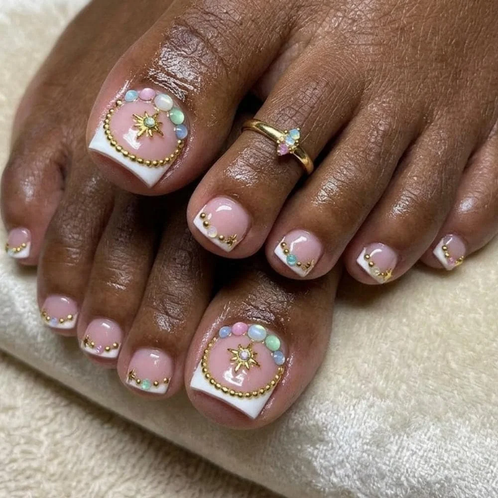French press on toes, gold star opal, press on nails, custom press on nails, fake nails, Nails Art, stained glass nails, gold press on nails, 3d press on nails, luxury press on nails, handmade press on nails