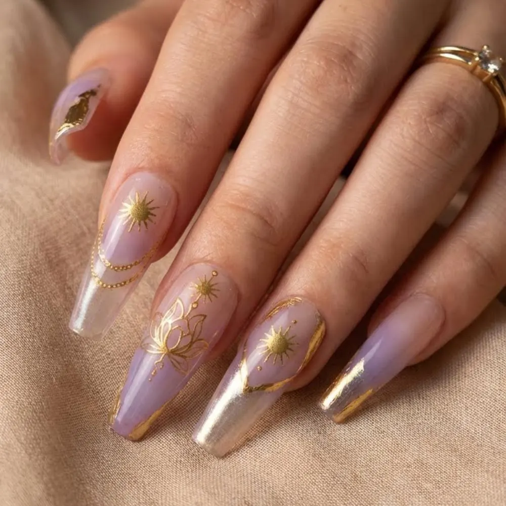 celestial lavender nails, press on nails, custom press on nails, fake nails, Nails Art, stained glass nails, gold press on nails, 3d press on nails, luxury press on nails, handmade press on nails