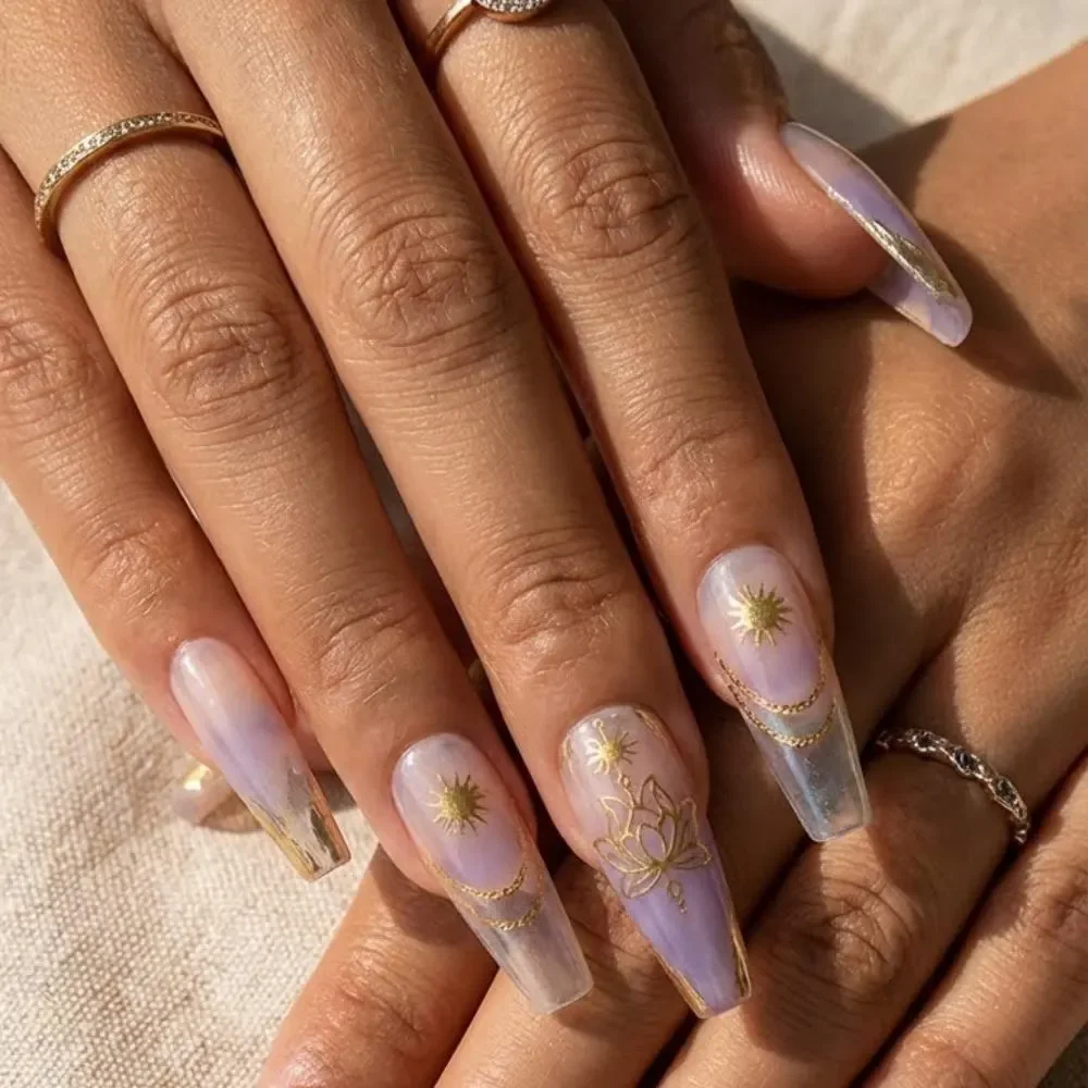 gold lotus art, sun lotus design, press on nails, custom press on nails, fake nails, Nails Art, stained glass nails, gold press on nails, 3d press on nails, luxury press on nails, handmade press on nails