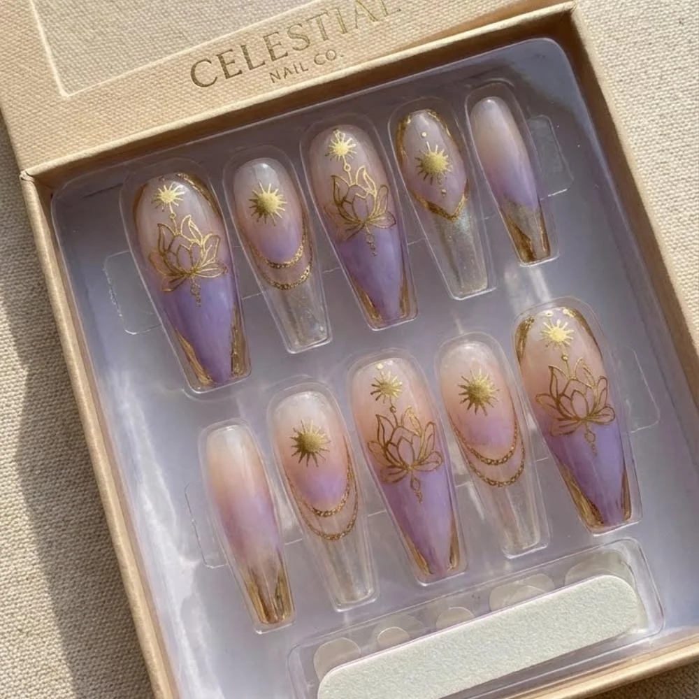 lavender manicure, gold accent nails, press on nails, custom press on nails, fake nails, Nails Art, stained glass nails, gold press on nails, 3d press on nails, luxury press on nails, handmade press on nails