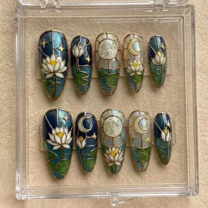moon star nail art, luxury nail art, press on nails, custom press on nails, fake nails, Nails Art, stained glass nails, gold press on nails, 3d press on nails, luxury press on nails, handmade press on nails