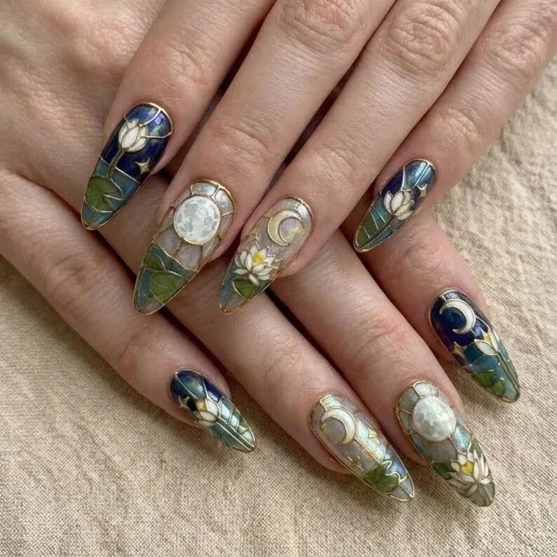 celestial nail design, lotus stained glass, press on nails, custom press on nails, fake nails, Nails Art, stained glass nails, gold press on nails, 3d press on nails, luxury press on nails, handmade press on nails