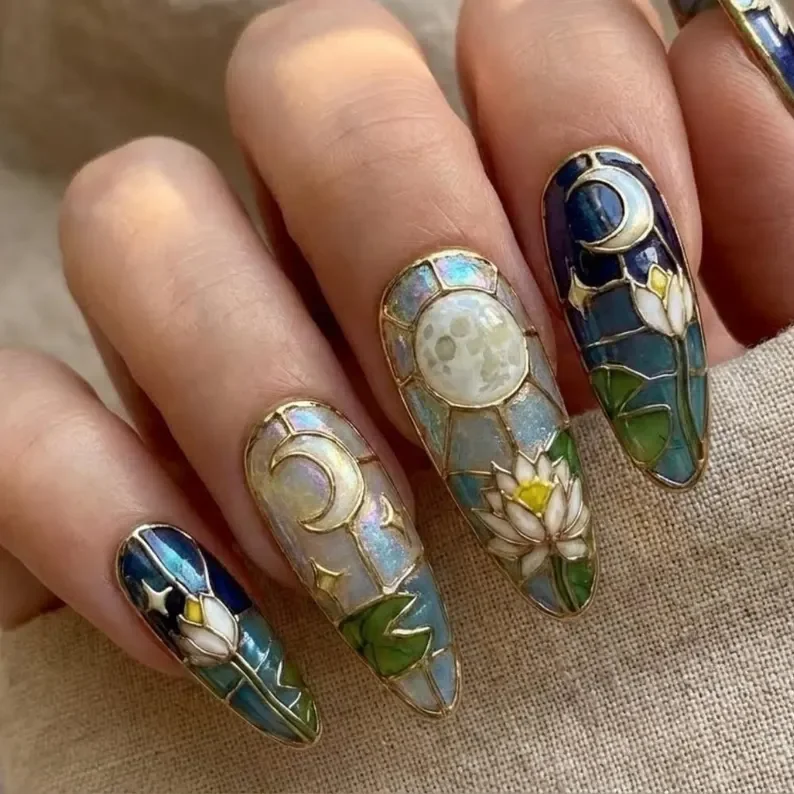 stained glass press-ons, moon star nail art, press on nails, custom press on nails, fake nails, Nails Art, stained glass nails, gold press on nails, 3d press on nails, luxury press on nails, handmade press on nails
