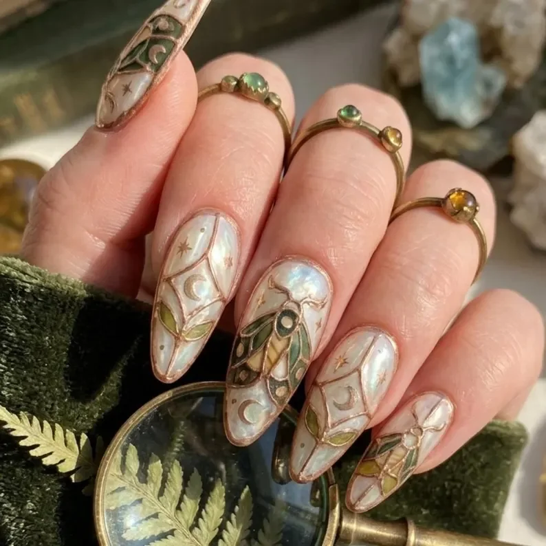 celestial moth press on, emerald stained glass, press on nails, custom press on nails, fake nails, Nails Art, stained glass nails, gold press on nails, 3d press on nails, luxury press on nails, handmade press on nails