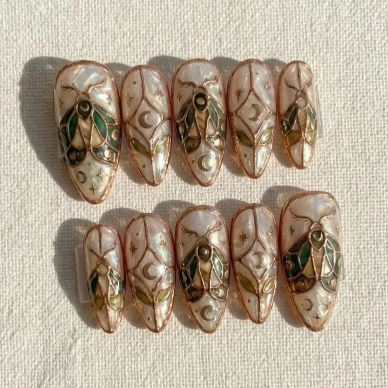 stained glass nails, hand-painted moon, press on nails, custom press on nails, fake nails, Nails Art, gold press on nails, 3d press on nails, luxury press on nails, handmade press on nails