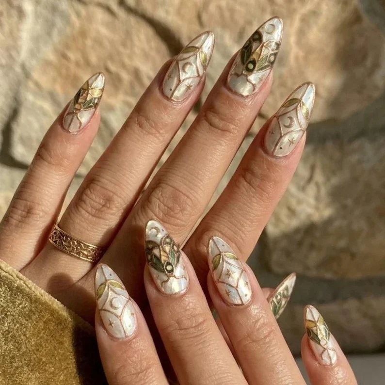 celestial moth press on, emerald stained glass, press on nails, custom press on nails, fake nails, Nails Art, stained glass nails, gold press on nails, 3d press on nails, luxury press on nails, handmade press on nails