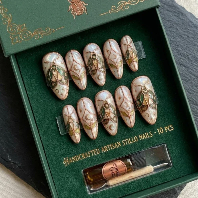 stained glass nails, hand-painted moon, press on nails, custom press on nails, fake nails, Nails Art, gold press on nails, 3d press on nails, luxury press on nails, handmade press on nails