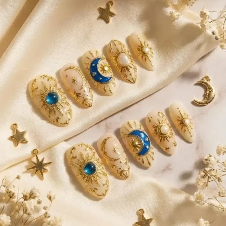 celestial mystic nails, sun and moon, press on nails, custom press on nails, fake nails, Nails Art, stained glass nails, gold press on nails, 3d press on nails, luxury press on nails, handmade press on nails