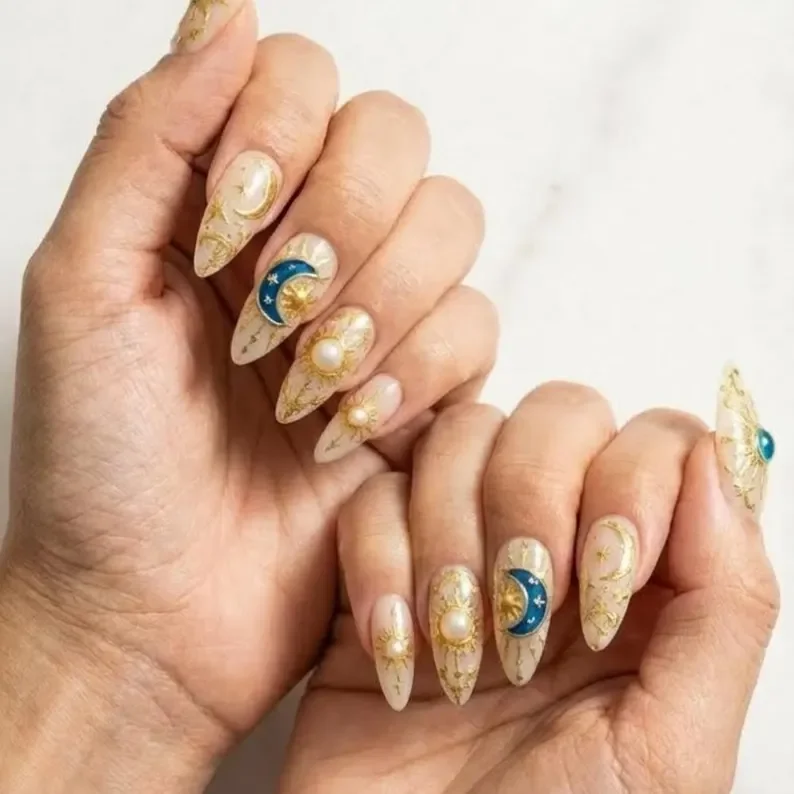 luxury 3d press-on, gemstone boho nail art, press on nails, custom press on nails, fake nails, Nails Art, stained glass nails, gold press on nails, 3d press on nails, luxury press on nails, handmade press on nails