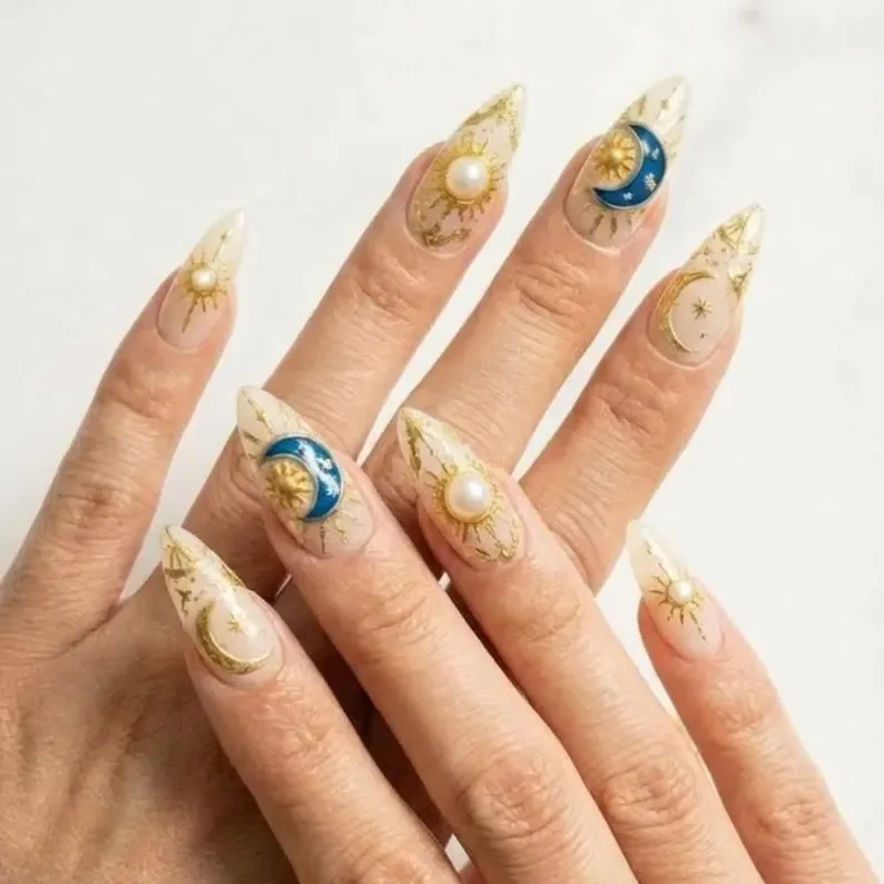 celestial gemstone, boho nail art, press on nails, custom press on nails, fake nails, Nails Art, stained glass nails, gold press on nails, 3d press on nails, luxury press on nails, handmade press on nails