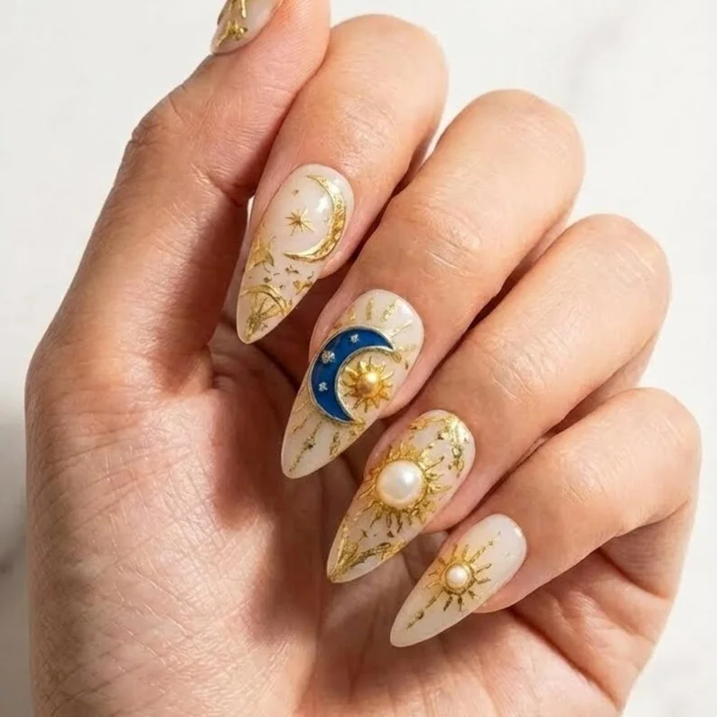 celestial mystic nails, sun and moon, press on nails, custom press on nails, fake nails, Nails Art, stained glass nails, gold press on nails, 3d press on nails, luxury press on nails, handmade press on nails
