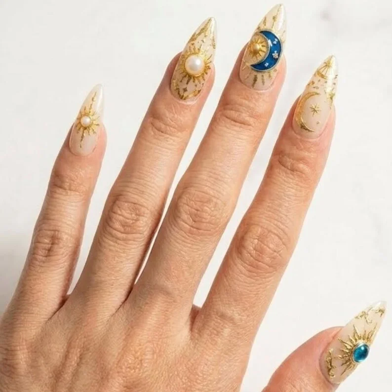 luxury 3d press-on, gemstone boho nail art, press on nails, custom press on nails, fake nails, Nails Art, stained glass nails, gold press on nails, 3d press on nails, luxury press on nails, handmade press on nails