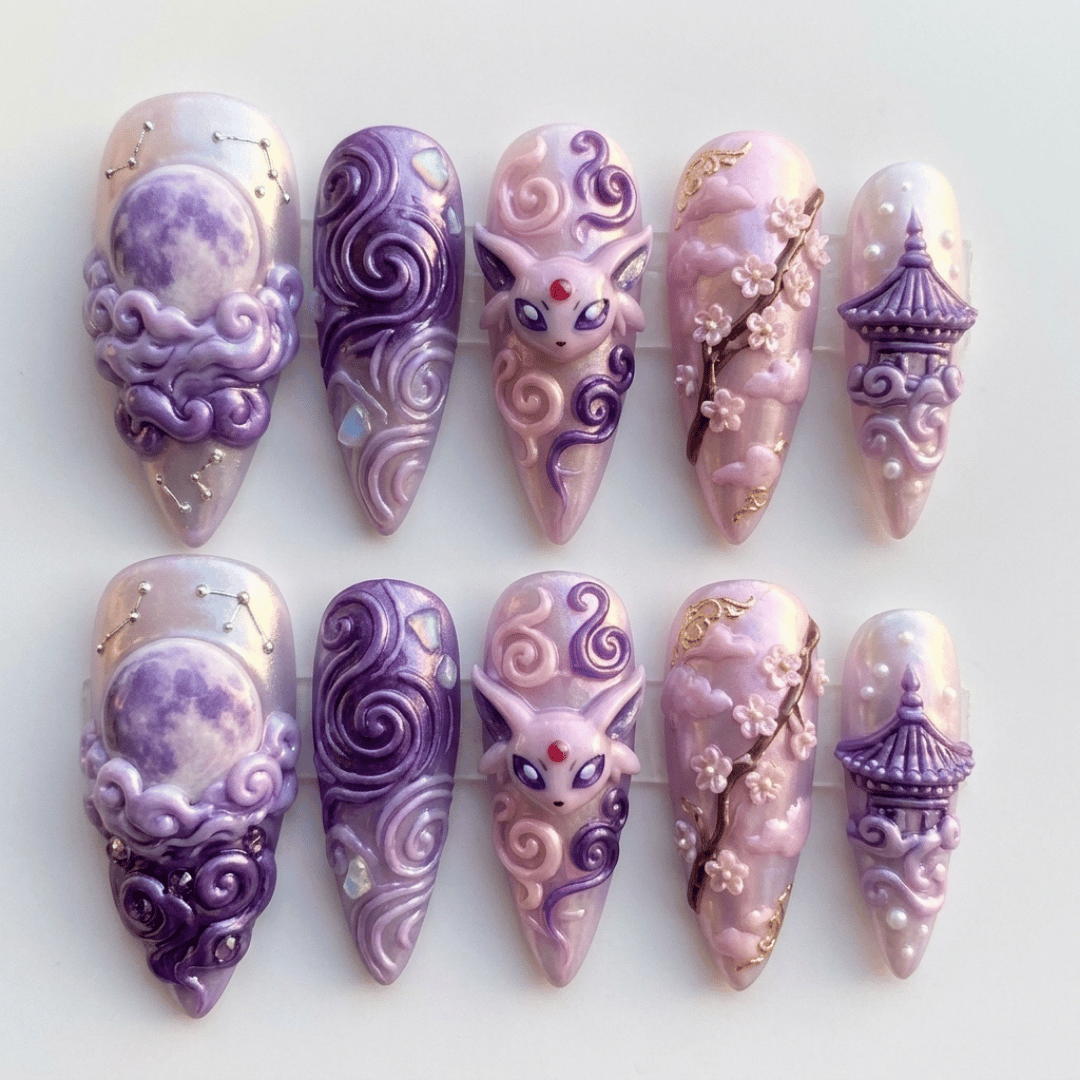 pearl espeon nails, 3D mystical art, press on nails, custom press on nails, fake nails, Nails Art, stained glass nails, gold press on nails, 3d press on nails, luxury press on nails, handmade press on nails