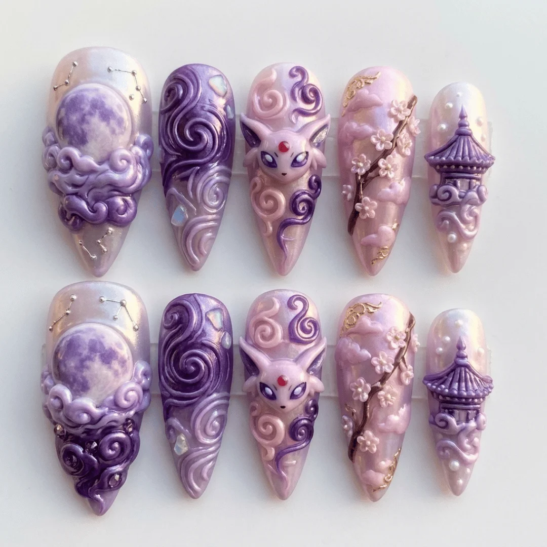 press on nails, pearl espeon nails, custom press on nails, fake nails, Nails Art, stained glass nails, gold press on nails, 3d press on nails, luxury press on nails, handmade press on nails