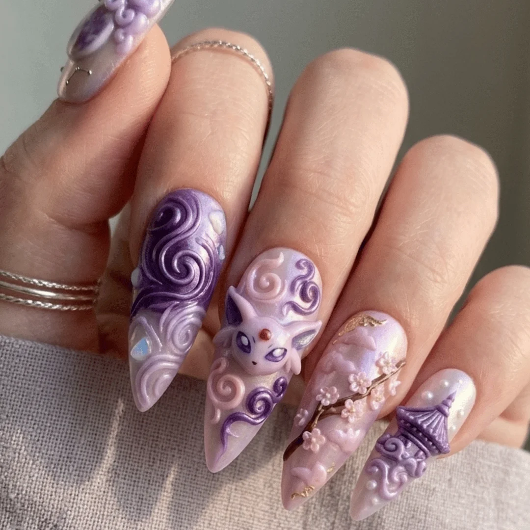 3D mystical art, fox moon design, press on nails, custom press on nails, fake nails, Nails Art, stained glass nails, gold press on nails, 3d press on nails, luxury press on nails, handmade press on nails