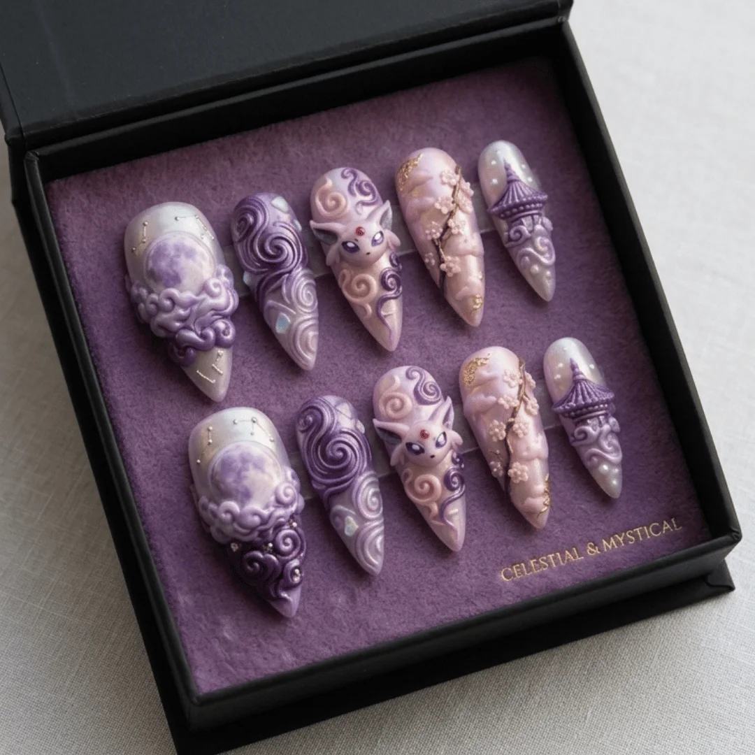 purple iridescent, sakura nail art, press on nails, custom press on nails, fake nails, Nails Art, stained glass nails, gold press on nails, 3d press on nails, luxury press on nails, handmade press on nails