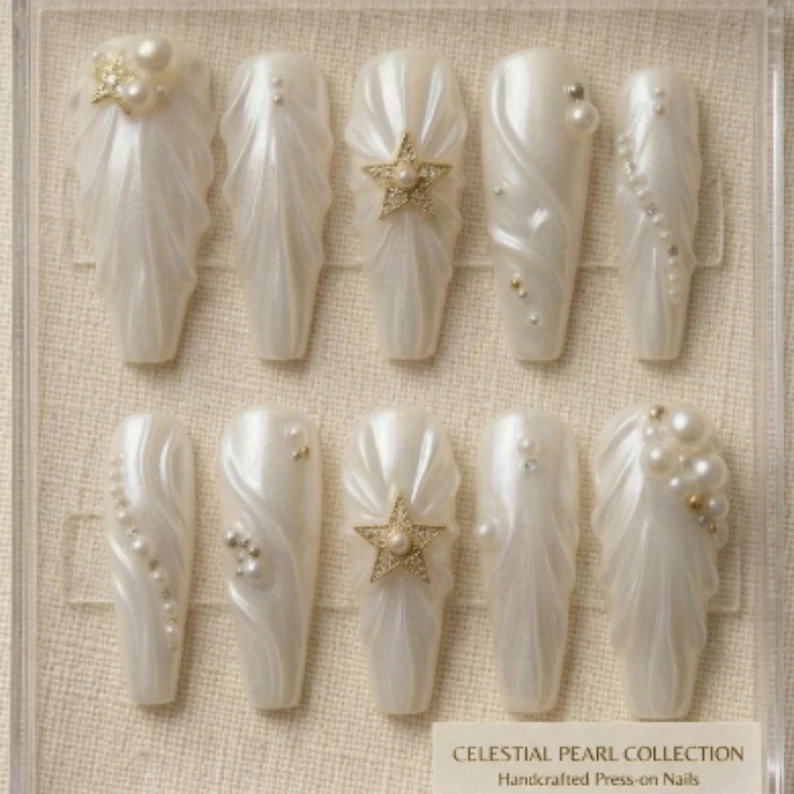 3D sculpted, white iridescent, press on nails, custom press on nails, fake nails, Nails Art, stained glass nails, gold press on nails, 3d press on nails, luxury press on nails, handmade press on nails