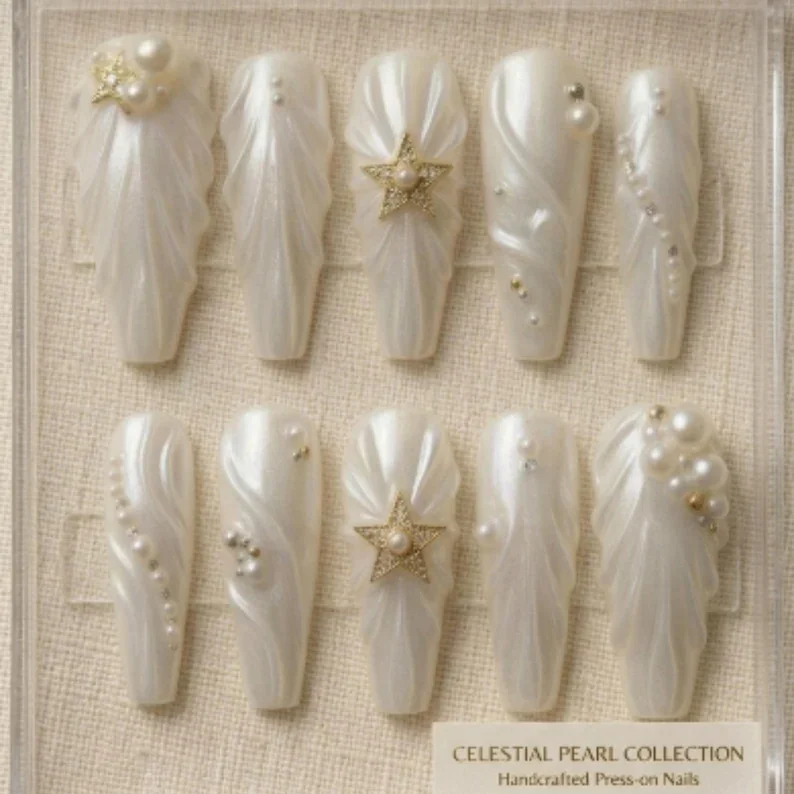 press on nails, celestial pearl, custom press on nails, fake nails, Nails Art, stained glass nails, gold press on nails, 3d press on nails, luxury press on nails, handmade press on nails