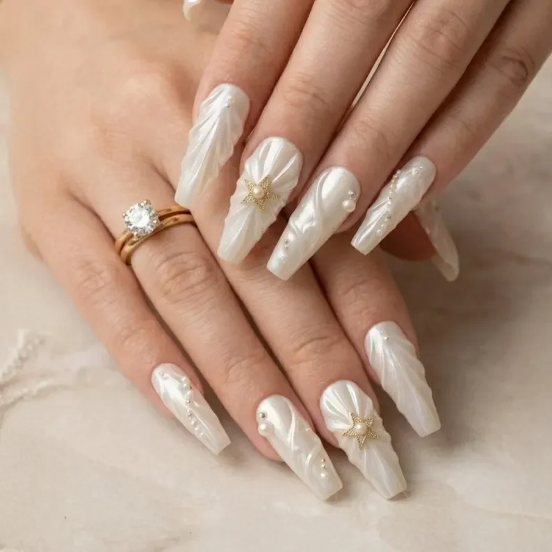 3D sculpted, white iridescent, press on nails, custom press on nails, fake nails, Nails Art, stained glass nails, gold press on nails, 3d press on nails, luxury press on nails, handmade press on nails