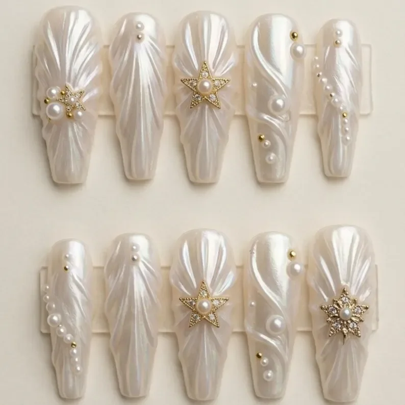 press on nails, celestial pearl, custom press on nails, fake nails, Nails Art, stained glass nails, gold press on nails, 3d press on nails, luxury press on nails, handmade press on nails
