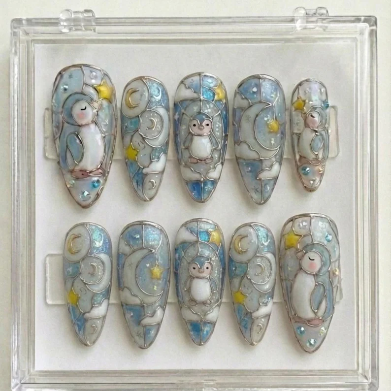 3D silver nail art, winter kawaii nails, press on nails, custom press on nails, fake nails, Nails Art, stained glass nails, gold press on nails, 3d press on nails, luxury press on nails, handmade press on nails