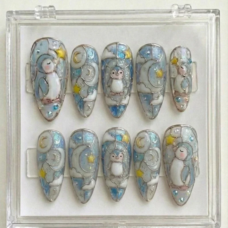celestial penguin nails, stained glass press on, press on nails, custom press on nails, fake nails, Nails Art, stained glass nails, gold press on nails, 3d press on nails, luxury press on nails, handmade press on nails