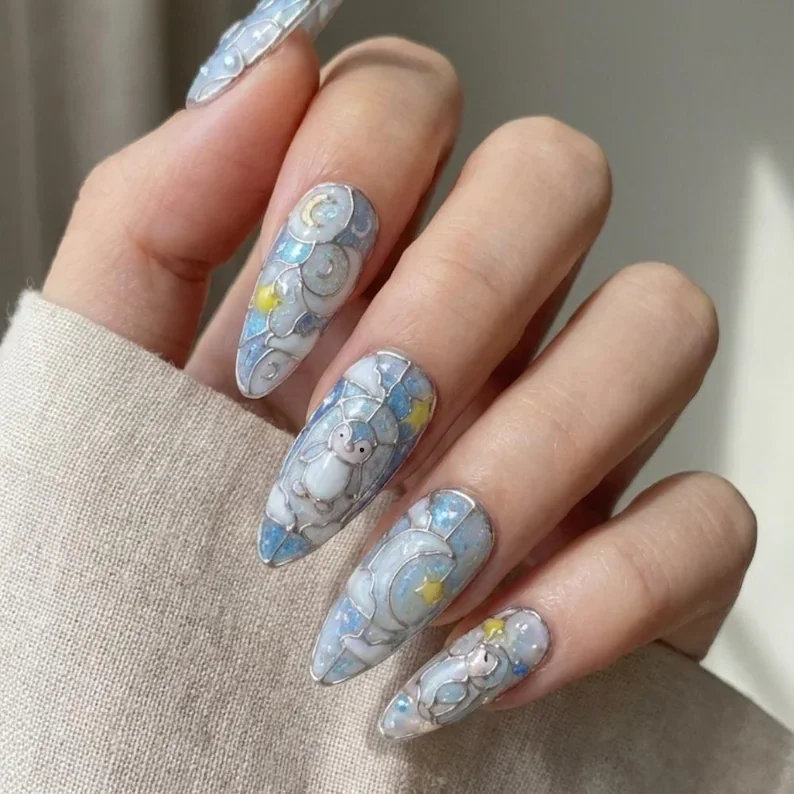 3D silver nail art, winter kawaii nails, press on nails, custom press on nails, fake nails, Nails Art, stained glass nails, gold press on nails, 3d press on nails, luxury press on nails, handmade press on nails