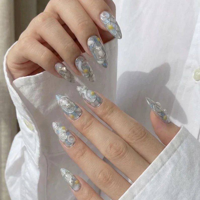 arctic nail art, press on nails, custom press on nails, fake nails, Nails Art, stained glass nails, gold press on nails, 3d press on nails, luxury press on nails, handmade press on nails