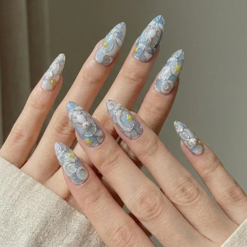 silver winter nails, kawaii arctic nails, press on nails, custom press on nails, fake nails, Nails Art, stained glass nails, gold press on nails, 3d press on nails, luxury press on nails, handmade press on nails