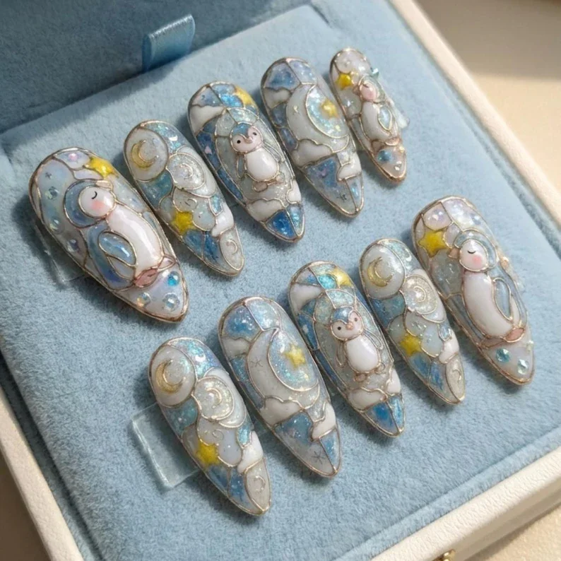 celestial penguin nails, stained glass press on, press on nails, custom press on nails, fake nails, Nails Art, stained glass nails, gold press on nails, 3d press on nails, luxury press on nails, handmade press on nails