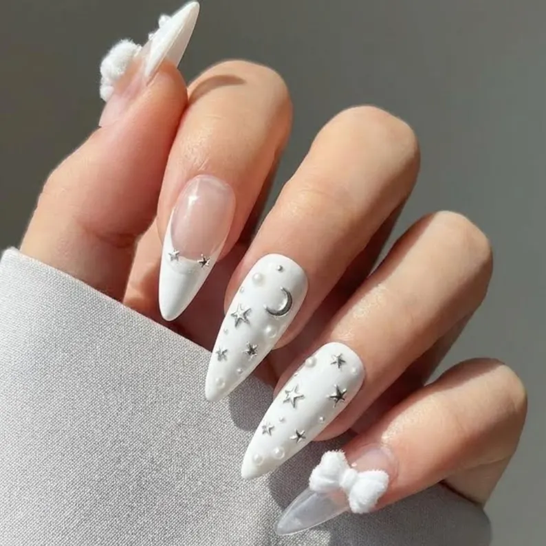 moon star charms, french tip nails, press on nails, custom press on nails, fake nails, Nails Art, stained glass nails, gold press on nails, 3d press on nails, luxury press on nails, handmade press on nails