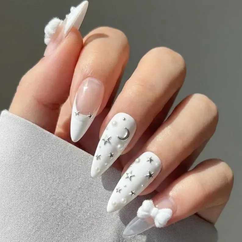 press on nails, white velvet bow, custom press on nails, fake nails, Nails Art, stained glass nails, gold press on nails, 3d press on nails, luxury press on nails, handmade press on nails