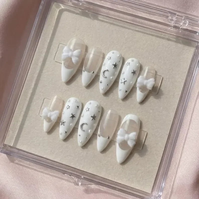 moon star charms, french tip nails, press on nails, custom press on nails, fake nails, Nails Art, stained glass nails, gold press on nails, 3d press on nails, luxury press on nails, handmade press on nails