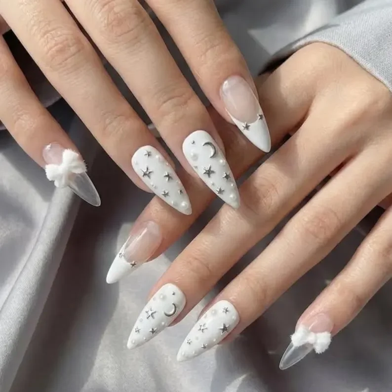 celestial nails, bow nail design, press on nails, custom press on nails, fake nails, Nails Art, stained glass nails, gold press on nails, 3d press on nails, luxury press on nails, handmade press on nails