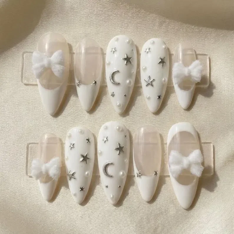 press on nails, white velvet bow, custom press on nails, fake nails, Nails Art, stained glass nails, gold press on nails, 3d press on nails, luxury press on nails, handmade press on nails