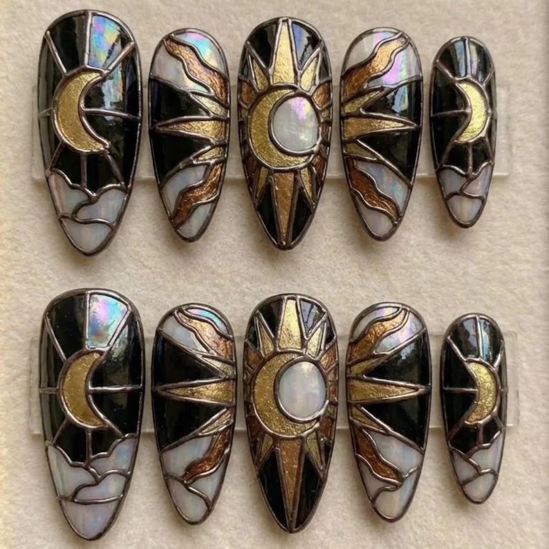 gothic celestial, black gold design, press on nails, custom press on nails, fake nails, Nails Art, stained glass nails, gold press on nails, 3d press on nails, luxury press on nails, handmade press on nails