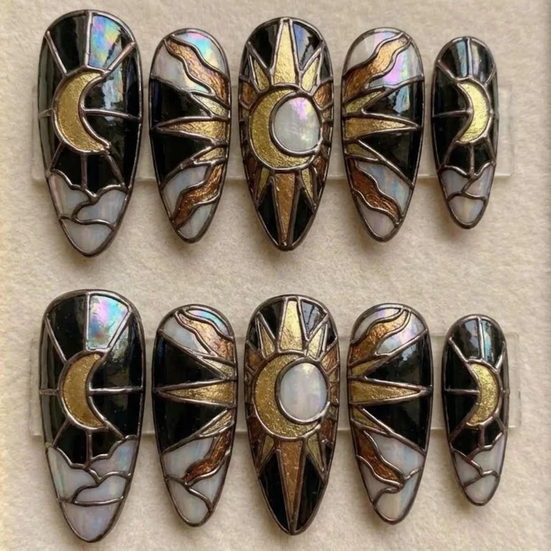 celestial stained glass, luxury 3D nails, press on nails, custom press on nails, fake nails, Nails Art, stained glass nails, gold press on nails, 3d press on nails, luxury press on nails, handmade press on nails