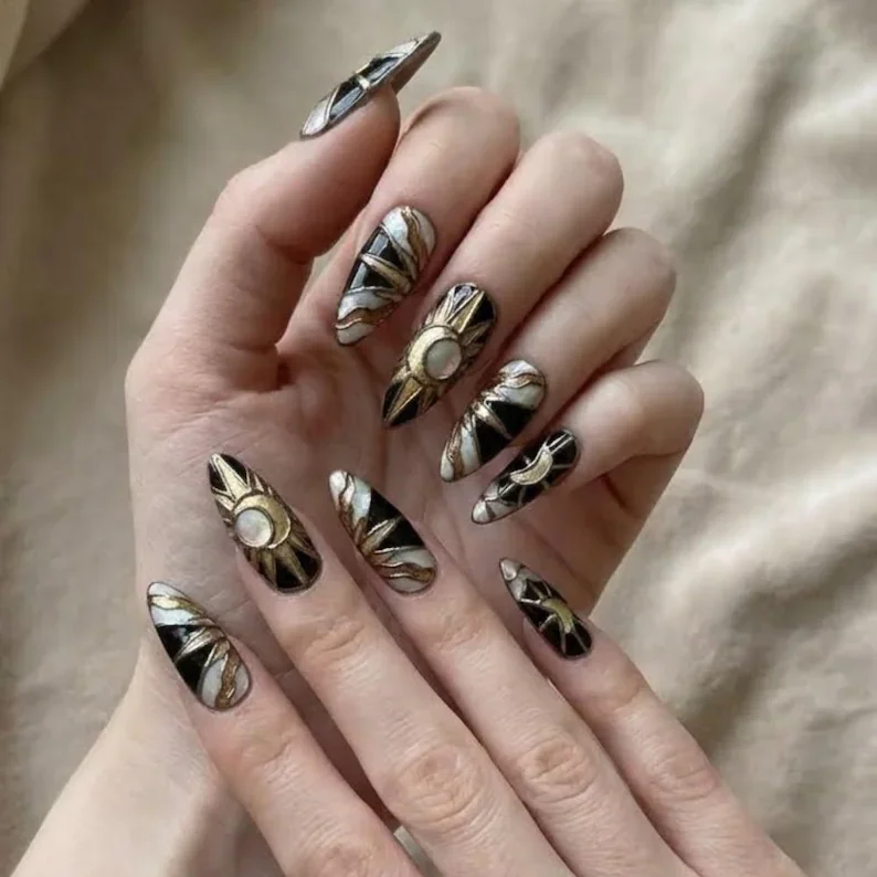 sun and moon, mystic nail art, press on nails, custom press on nails, fake nails, Nails Art, stained glass nails, gold press on nails, 3d press on nails, luxury press on nails, handmade press on nails