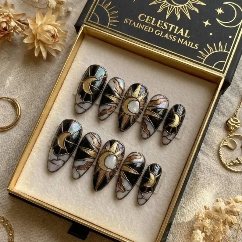 gothic celestial, black gold design, press on nails, custom press on nails, fake nails, Nails Art, stained glass nails, gold press on nails, 3d press on nails, luxury press on nails, handmade press on nails