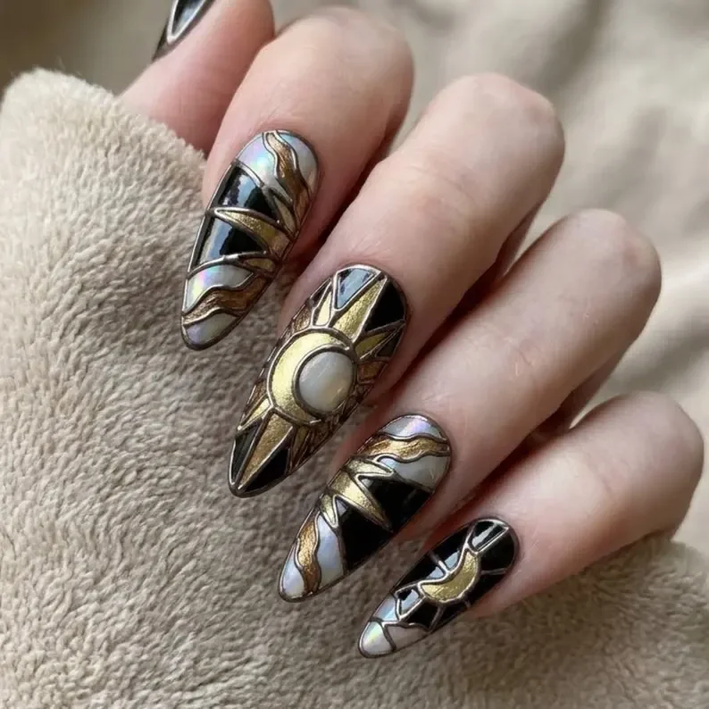 celestial stained glass, luxury 3D nails, press on nails, custom press on nails, fake nails, Nails Art, stained glass nails, gold press on nails, 3d press on nails, luxury press on nails, handmade press on nails