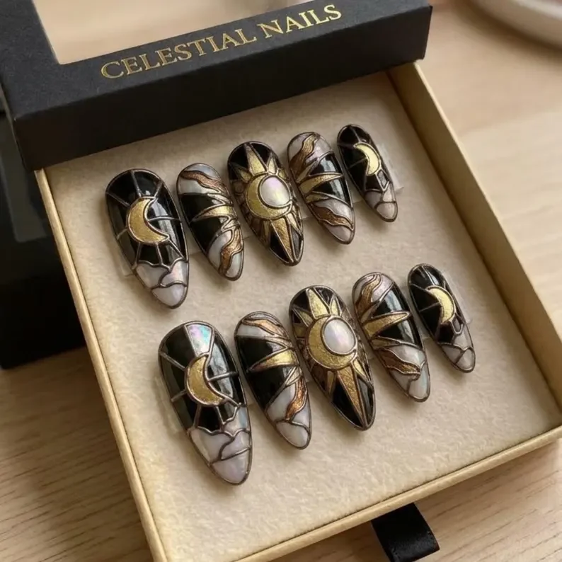 sun and moon, mystic nail art, press on nails, custom press on nails, fake nails, Nails Art, stained glass nails, gold press on nails, 3d press on nails, luxury press on nails, handmade press on nails