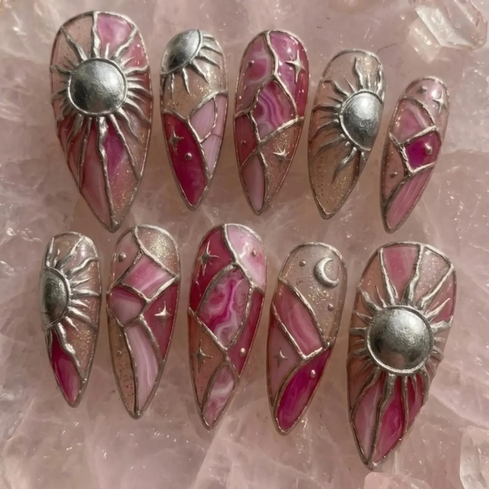 celestial stained glass, press on nails, custom press on nails, fake nails, Nails Art, stained glass nails, gold press on nails, 3d press on nails, luxury press on nails, handmade press on nails